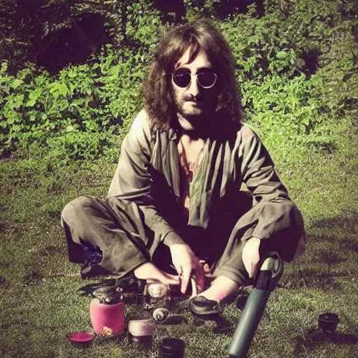 Prompt: a mystical hippy meditating, john lennon spectacles on, deep hippy vibe, smoke and hooka pipe, weed