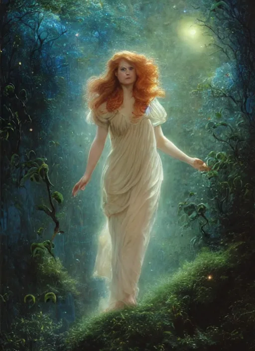 Image similar to Amy Adams staring into the camera, misty wisps, fireflies, Lilia Alvarado, Sophie Anderson, Mark Arian, Bob Byerley, Charlie Bowater, Mark Brooks, Steve Henderson, Justin Gerard, Arthur Hughes, Edward Robert Hughes, Mark Keathley, Victor Nizovtsev, Carlos Shwabe, Ross Tran, WLOP