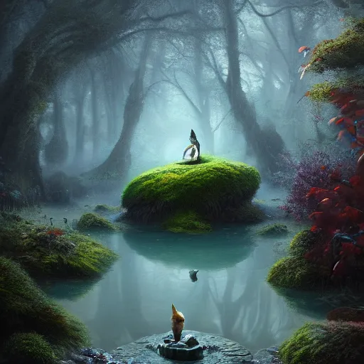 Prompt: tom bagshaw, soft painting render curiosities alien pond vegetation rocks, beautiful running fox covered moss scintillating, accurate features, focus, very intricate ultrafine details, random volumetric lighting, dense fog, award winning masterpiece, octane render 8 k hd, artstation