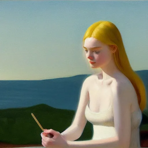 Prompt: Painting of Elle Fanning at the kiln of the first flame, long blonde hair, delicate, pale milky white porcelain skin, by Edward Hopper. 8K. Extremely detailed.