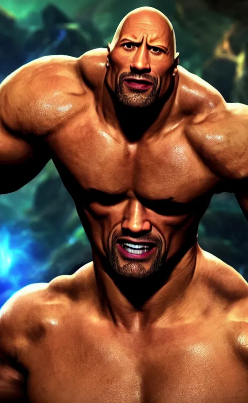 Prompt: Dwayne Johnson as a character in the game League of Legends, with a background based on the game League of Legends, detailed face, old 3d graphics