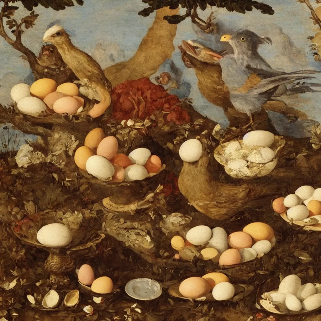 Prompt: a goblin bird with a plate of eggs and cookies, renaissance painting,