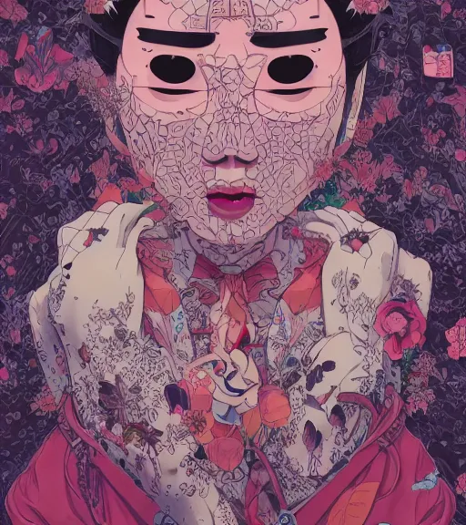 Prompt: portrait, nightmare anomalies, leaves with a geisha by miyazaki, violet and pink and white palette, illustration, kenneth blom, mental alchemy, james jean, pablo amaringo, naudline pierre, contemporary art, hyper detailed