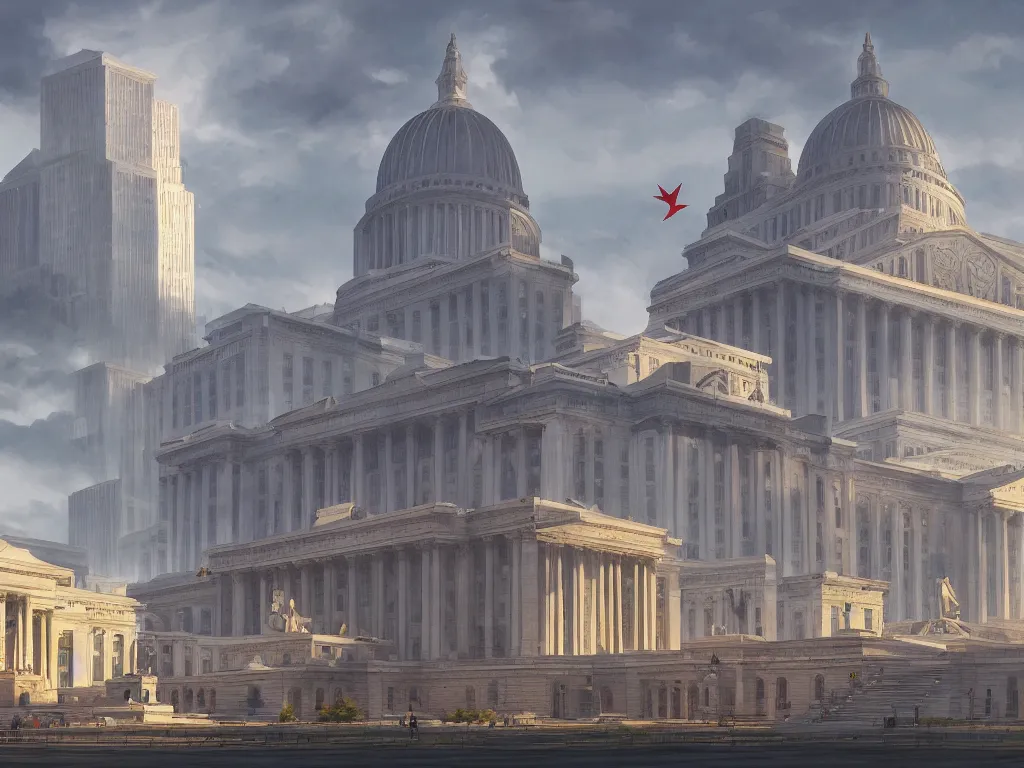 Image similar to architecture concept art by fan wennan. future capitol of the american communist party shining in the sun, communist statue and insignia, hyperdetailed, cinematic, photorealistic, hyperrealism, masterpiece, grounded communist governmental architecture, statue, imposing, strength, abundance, life