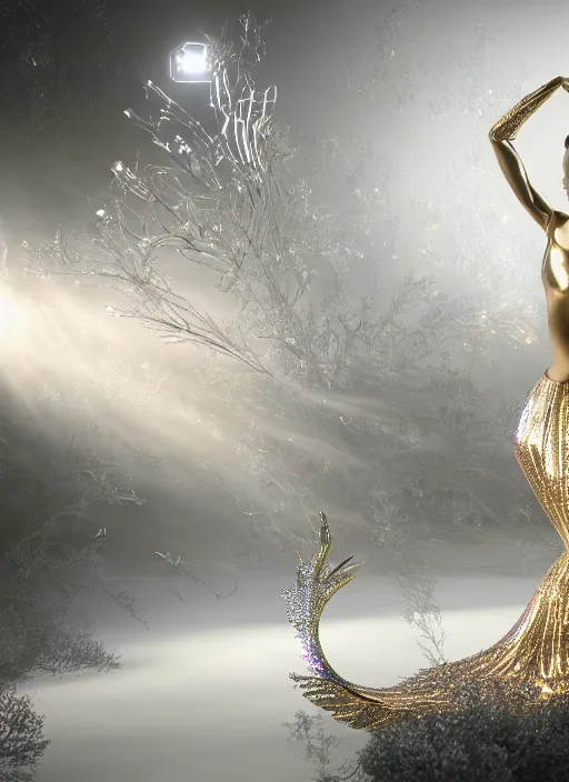 Prompt: beauteous practical catwalk elegant pixie, cinematic forest lighting, crystalline masterpiece incrustations, hyperdetailed metalwork, dancing in volumetric soft glowing mist, elegant pose, white pearlescent, chrome, iridescent titanium, crystal, liquid gold, copper, bronze, movie still, octane render, unreal engine, crepuscular rays,