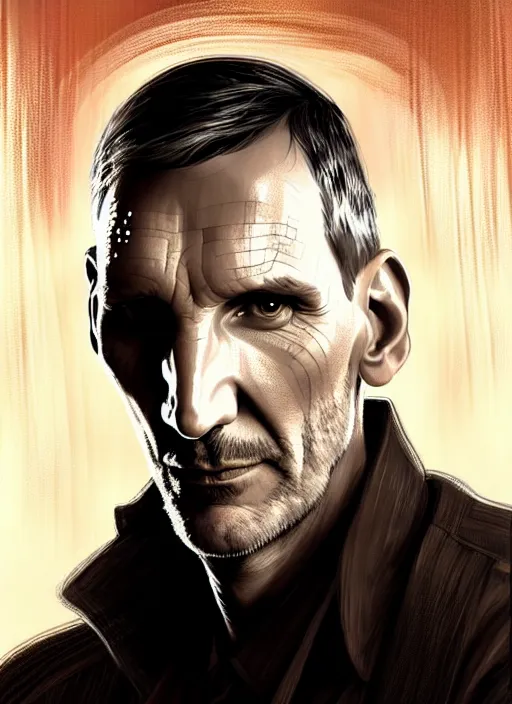 Image similar to portrait of christopher eccleston, intricate, elegant, glowing lights, highly detailed, digital painting, artstation, concept art, smooth, sharp focus, illustration, art by wlop, mars ravelo and greg rutkowski