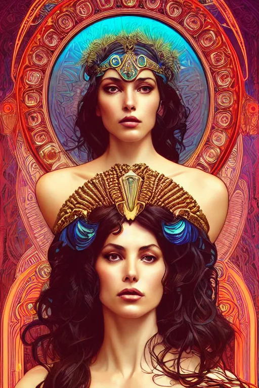 Image similar to monica belucci as the goddess hera, paper dress, volumetric lights, red and cyan theme, art nouveau botanicals, intricate, highly detailed, digital painting, artstation, concept art, smooth, sharp focus, symmetric face, illustration, art by artgerm and greg rutkowski and alphonse mucha