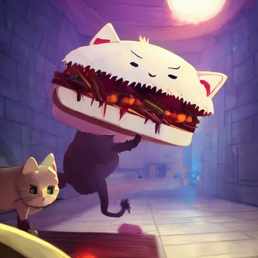 Prompt: a scared cat running away from the giant carnivorous sandwich, artstation hq, dark phantasy, stylized, symmetry, modeled lighting, detailed, expressive, created by hayao miyazaki