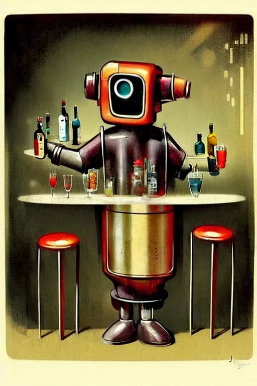 Image similar to ( ( ( ( ( 1 9 5 0 s retro future robot android bartender behind a bar dog. muted colors. ) ) ) ) ) by jean - baptiste monge!!!!!!!!!!!!!!!!!!!!!!!!!!!!!!