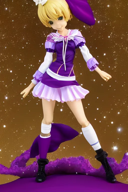 Prompt: A GoodSmile anime figure of a cute magical girl with short blonde hair wearing purple short puffy pants, an oversized beret, white tights covered in stars, and a long billowing scarf. Short hair. Dynamic Rhythmic gymnastics poses. intricate details, realistic, Hyperdetailed, 8k resolution, intricate art nouveau, Octane Render. Ami Ami.