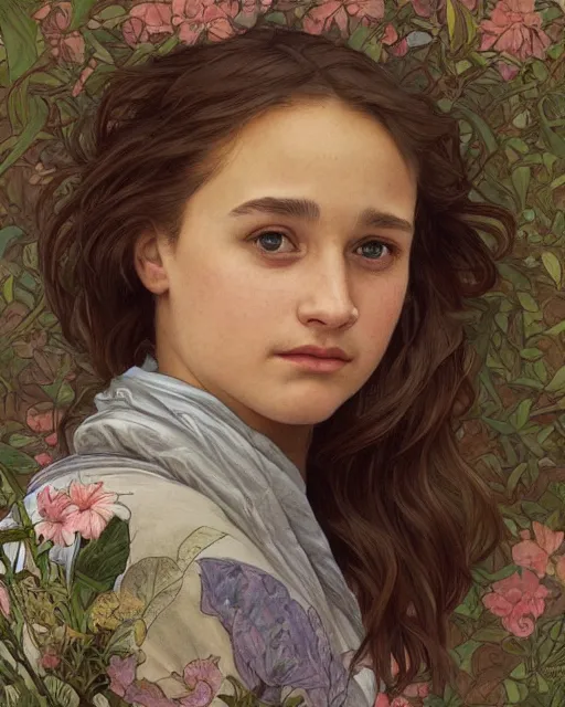 Image similar to a beautiful, detailed close - up smooth comics cover painting portrait of 1 4 - year old emma alicia vikander with open mouth staring in wonder, shy, blushing, tilted head, wearing an oversize sweater by joshua middleton, bouguereau, and alphonse mucha