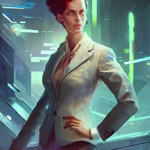 Prompt: a suave futuristic businesswoman with cybernetic enhancements, sci fi character portrait by greg rutkowski, craig mullins