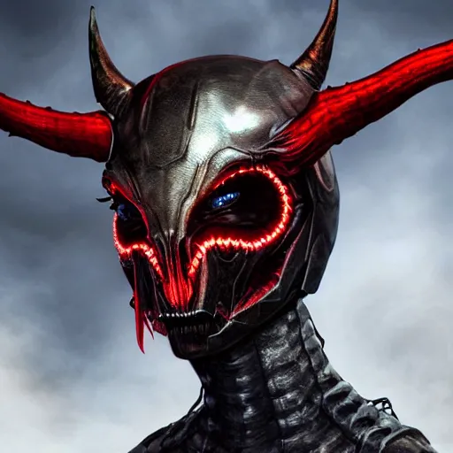 Prompt: an extremely realistic portrait of a real life human wearing a creepy titanium black helmet, standing still, looking at the camera, dragon tail, sharp long horns, scary, red eyes, satanic wings, trending on artstation, heroic pose, highly detailed, 8k