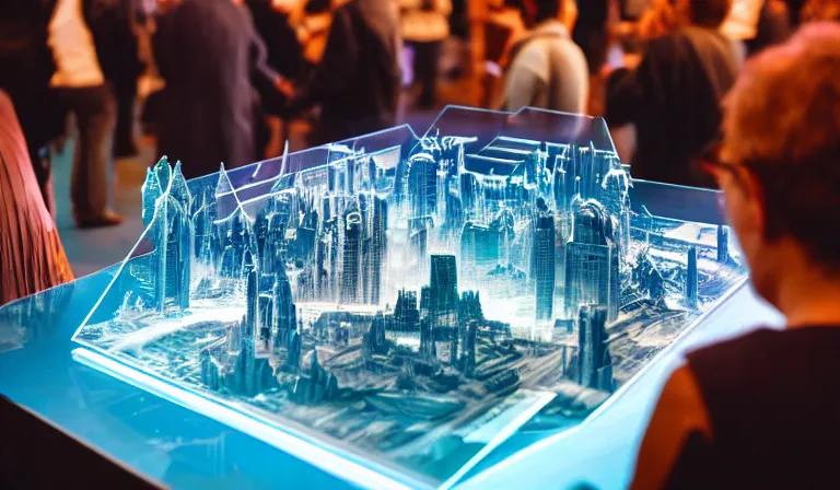 Image similar to crowd of people in large open museum, looking at hologram of futuristic city on a table, cinematic concept art, godrays, golden hour, natural sunlight, 4 k, clear details, tabletop model buildings, center model buildings, hologram center, crane shot, wide shot, high shot