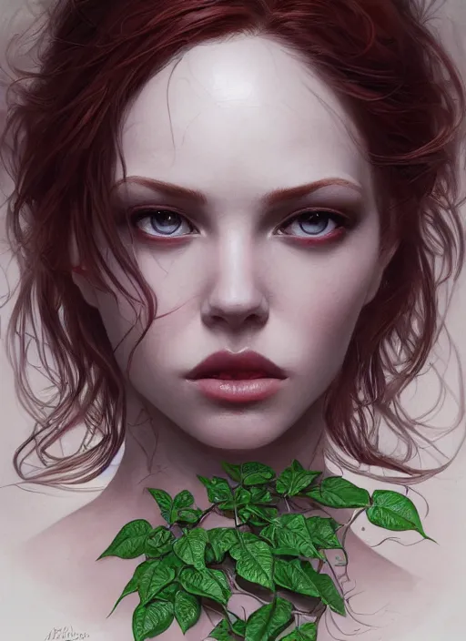 Image similar to symmetry!! poison ivy, machine parts embedded into face, intricate, elegant, highly detailed, digital painting, artstation, concept art, smooth, sharp focus, illustration, art by artgerm and greg rutkowski and alphonse mucha, 8 k