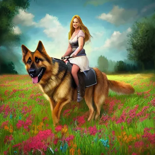 Image similar to girl riding a giant German shepherd in a field of flowers, trending on artstation