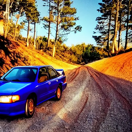 Prompt: Blue 1999 Subaru WRX driving down dirt road perfect composition twilight glowing red taillights cinematic movie still
