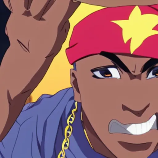 Image similar to Tupac Shakur, screenshot from a 2012s anime