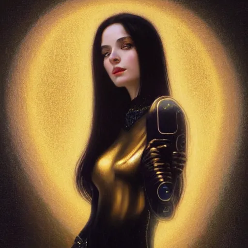 Image similar to portrait of a smiling, beautiful, pale skin eastern european female with long black hair, dark brown eyes, elegant clothing, photorealistic, highly detailed, artstation, smooth, sharp focus, gold ornaments, neon lighting, sci - fi, art by gustav klimt, artgerm, greg rutkowski and alphonse mucha