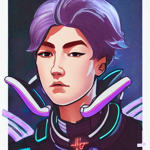 Prompt: portrait of a beautiful androgynous cyberpunk space ranger, soft lightning, high detailed, 8 k, artstation, art by lane brown, and alphonse mucha and sora kim,