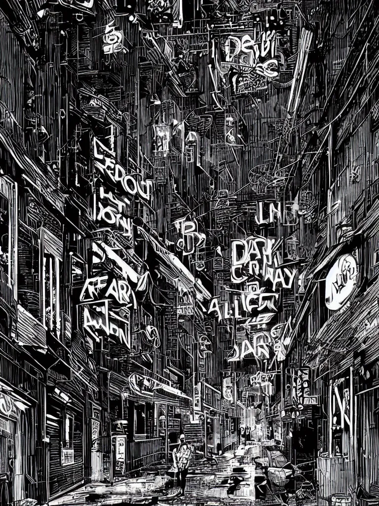Prompt: a dark alley with a nightclub with neon signs by olivier bonhomme, digital illustration