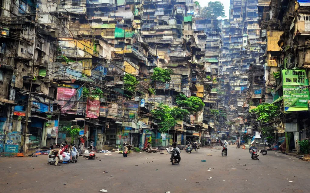 Image similar to streets of mumbai, future, mossy buildings