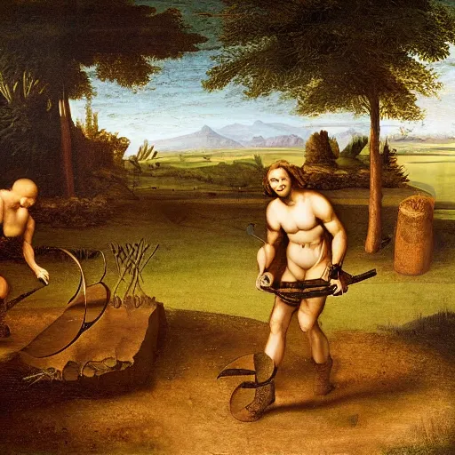 Image similar to dumb country boy playing horseshoes, biopunk, leonardo da vinci painting, high resolution,