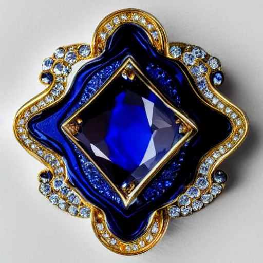 Image similar to white box commercial photography of a brooch jewel, forme de losange, more angular shape deep dark blue sapphire, gold ornaments and curves, 8 k, hires close up, high aperture, white background, pinterest, artstation