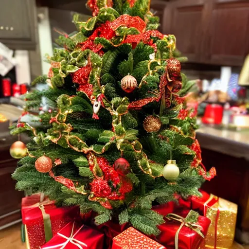 Prompt: a photo of a christmas tree decorated in various foods