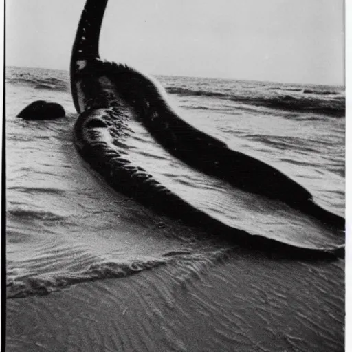 Image similar to 1950s polaroid photo of a large sea monster crashed on the beach