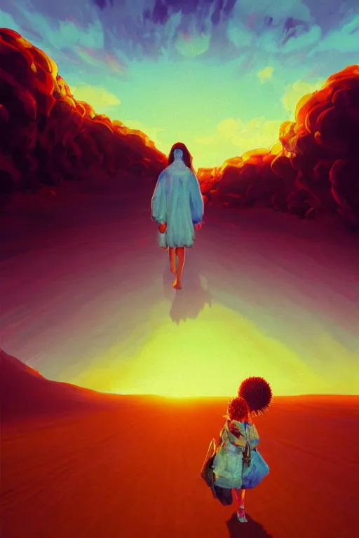 Image similar to giant corn flower head, girl walking in the desert, surreal photography, sunrise, dramatic light, impressionist painting, colorful clouds, digital painting, artstation, simon stalenhag