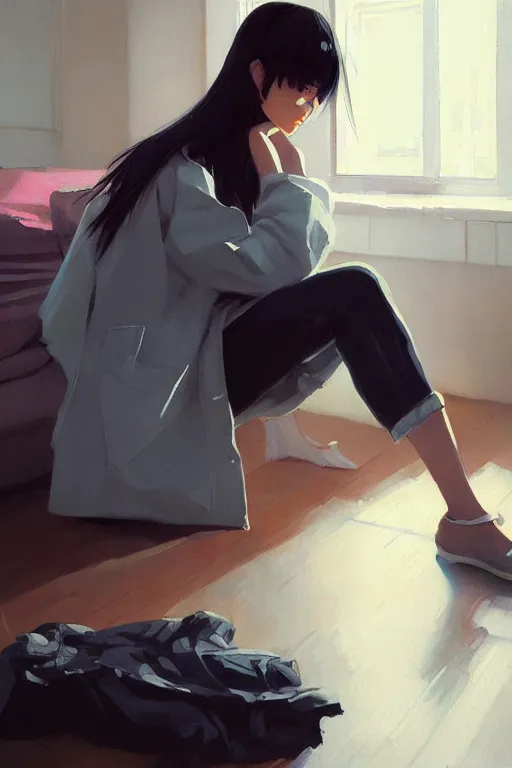 Image similar to A ultradetailed beautiful panting of a stylish girl sitting on the floor of a messy apartment, she is wearing an oversized jacket, Oil painting, by Ilya Kuvshinov, Greg Rutkowski and Makoto Shinkai