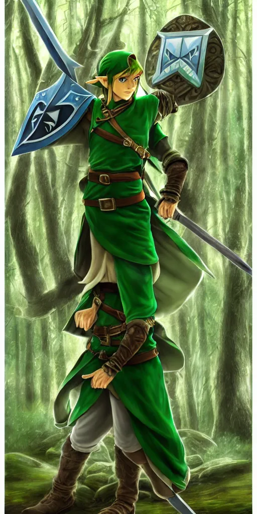 Image similar to link dressed in traditional green tunic and cap holding the master sword and hylian shield in dynamic fighting pose, mystical forest background, dark skies, intricately detailed, finely textured, cgsociety