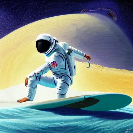 Prompt: a beautiful digital painting of an astronaut in a white and royal blue luxurious space suit surfing the great wave of Kanagawa on a chic surfboard at Pamukkale, thermal waters flowing down gold travertine terraces by greg rutkowski, during a blood moon, award winning photo, trending on artstation, highly detailed, unreal engine, octane render