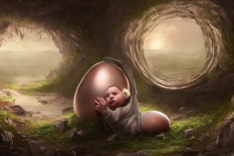 Image similar to a baby unicorn hatching out of a egg, matte painting, concept art, digital art, trending on artstation, 4 k, extremely detailed, realistic, fantasy art,