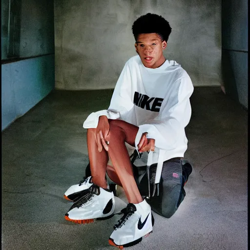 Prompt: realistic photoshooting for a new nike acg lookbook, color film photography, photo in style of tyler mitchell, shusei nagaoka, steven meisel, petra collins, 3 5 mm