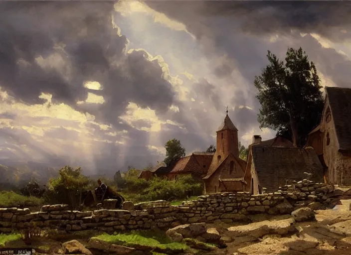 Image similar to oil painting of medieval village and old wooden church, stone walls, in dawn by anders zorn, wonderful art by greg rutkowski, incredible lighting, shadows, beautiful cinematic light, american romanticism by greg manchess, tall rocky mountains and storm clouds, sun rays, sunshine, bright sunny summer day