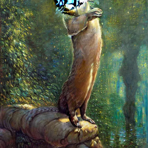 Image similar to portrait of an otter wearing a dress. furaffinity forest fantasy highly detailed painting by gaston bussiere craig mullins jc leyendecker gustav klimt artgerm greg rutkowski john berkey, bergey, craig mullins, ruan jia, raymond swanland, jeremy mann, tom lovell, alex malveda