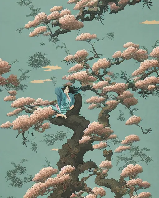 Prompt: Hasui Kawase's floral tree wallpaper, chinoiserie pattern, peter mohrbacher, alena aenami