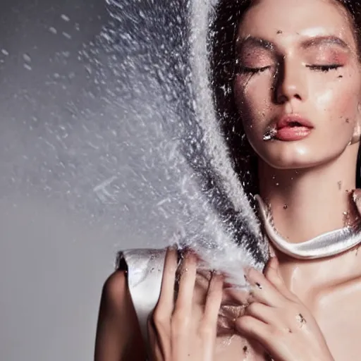 Prompt: close up of a fashion model is getting sprayed by a hose, luxury dress, official valentino editorial, highly detailed