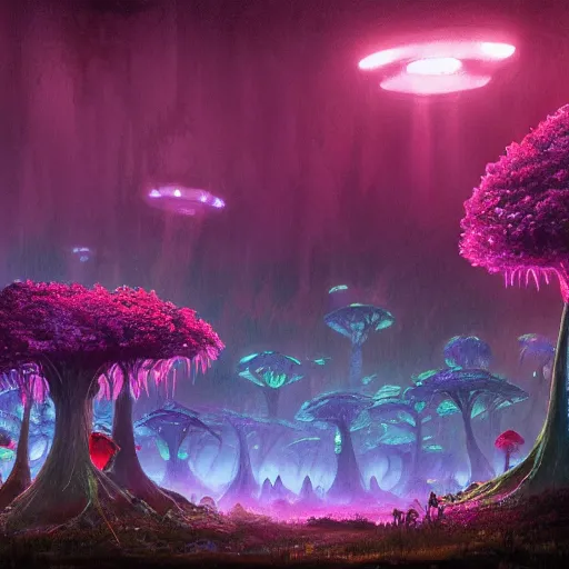 Image similar to concept art painting of a fantasy alien fungal landscape at night, magenta trees, glowing blue mushrooms, houses made of fungus, dark purple sky, realistic, detailed, cel shaded, in the style of makoto shinkai and greg rutkowski and albert bierstadt and james gurney