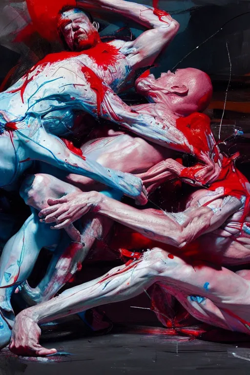 Image similar to bodies entwined in a fight, extremely intricate and detailed, by painted by francis bacon, adrian ghenie, and james jean. 8 k cinematic lighting, hyper realism