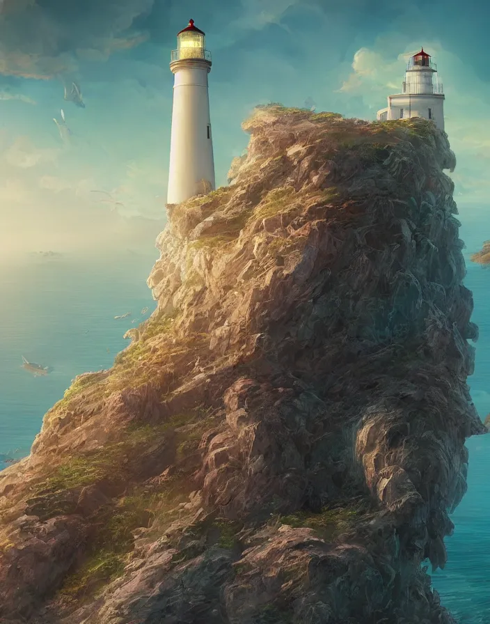 Prompt: fantasy painting of a lighthouse on the edge of a cliff overseeing a vast ocean, complex, detailed, intricate abstract. delicate artwork. by Tooth Wu, wlop, beeple, dan mumford. octane render, trending on artstation, greg rutkowski very coherent symmetrical artwork. cinematic, hyper realism, high detail, octane render, 8k, depth of field, bokeh. chrome accents.