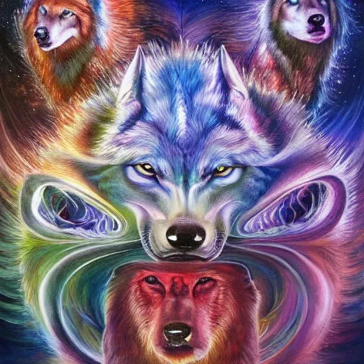 Image similar to enlightened pack of spirit wolves made out of nature by MICHAEL DIVINE and by AMANDA SAGE in the style of oil painting visionary art, trending on artstation, very coherent