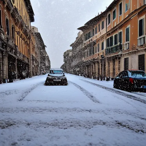 Prompt: The city of Rome under the snow on August. It's snowing everywhere on the entire cityscape of Rome under a blue sky and a very hot sun. It's crazy hot. People wear swimsuits and are very puzzled.