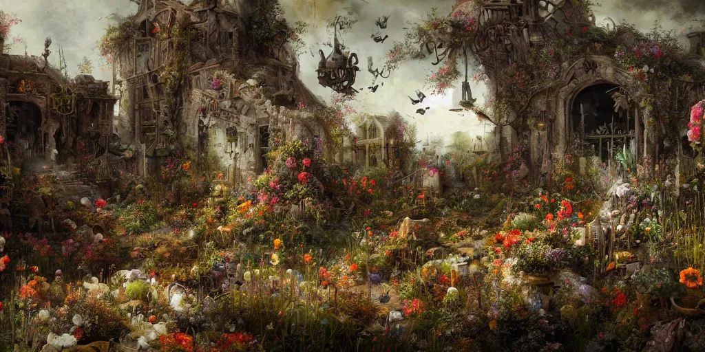 Prompt: 'Life from death' An aesthetic horror landscape painting depicting 'A slaughterhouse with plants and flowers growing all over it, birds and insects flying all around it' by Rembrandt, Trending on cgsociety artstation, 8k, masterpiece, cinematic lighting, highly detailed, vibrant colors.