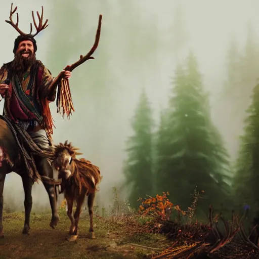 Image similar to hippie tribal hobo wearing twigs and leaves smiling sheepishly, riding tiny scuffy donkey with novelty oversized antlers, autumn forest, highly detailed, dramatic lighting, night time, cinematic, hyperrealistic, detailed, movie still from game of thrones