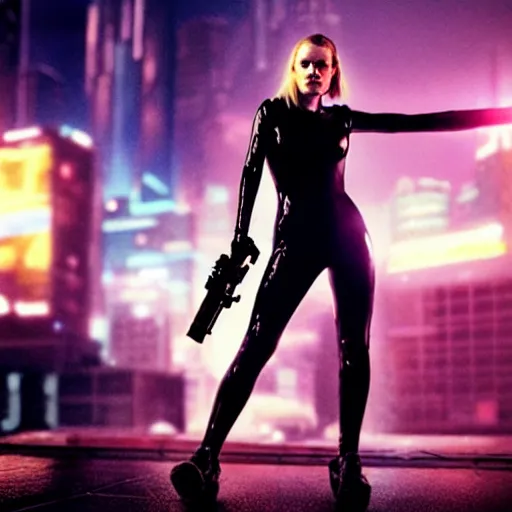 Image similar to anna paquin starring in a cyberpunk movie in a distopic futuristic city in the style of bladerunner, wearing a black catsuit, holding a gun, movie still, highly detailed, rainy night, volumetric lights, studio lighting, dramatic, scifi, sharp focus, ground mist