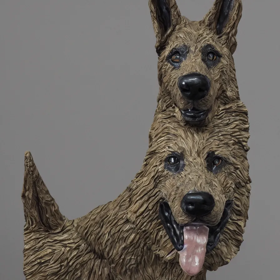 Image similar to beautiful gallery show studio photograph of a giant realistic ceramic sculpture of a german shepherd dog, fractal 3 d structure, celadon glaze, placed on a polished wooden table, colorful hyperrealism 8 k trending on artstation