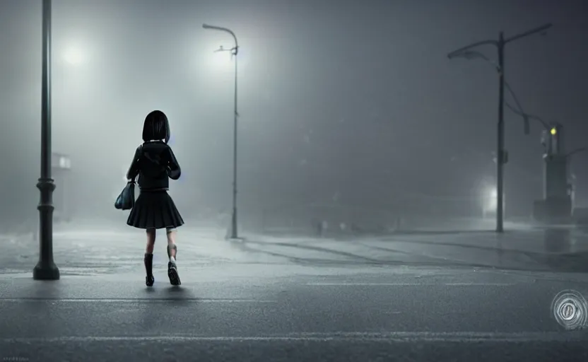 Image similar to school girl walking at night, gloomy and foggy atmosphere, octane render, cgsociety, artstation trending, horror scene, highly detailded